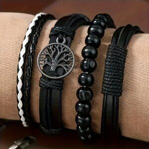 4pcs Men's Vintage Black Faux Leather Braided Bracelets